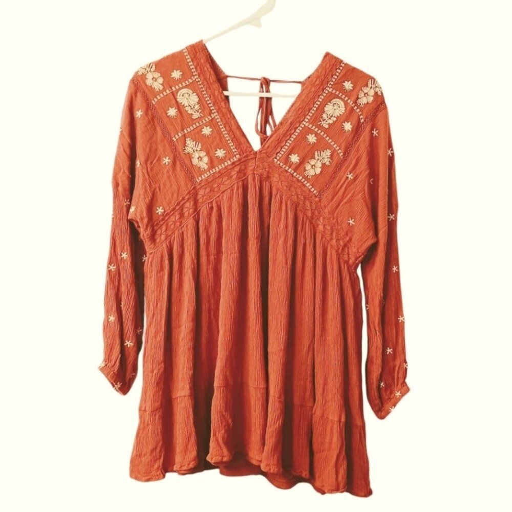Women's In Loom Orange Boho Babydoll Mini Embroidered Dress Size Medium